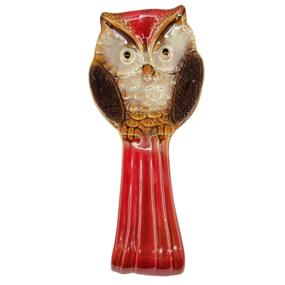 Vintage Owl Ceramic‎ Spoon Rest and Napkin Holder Set Red Brown Glossy Glaze